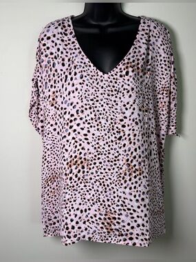 cabi Pink Cheetah Print Ruched Sleeve V-Neck Flowy Top Coastal Grandmother M